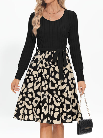 Antmvs Leopard Print Splicing Dress, Elegant Crew Neck Long Sleeve Dress, Women's Clothing