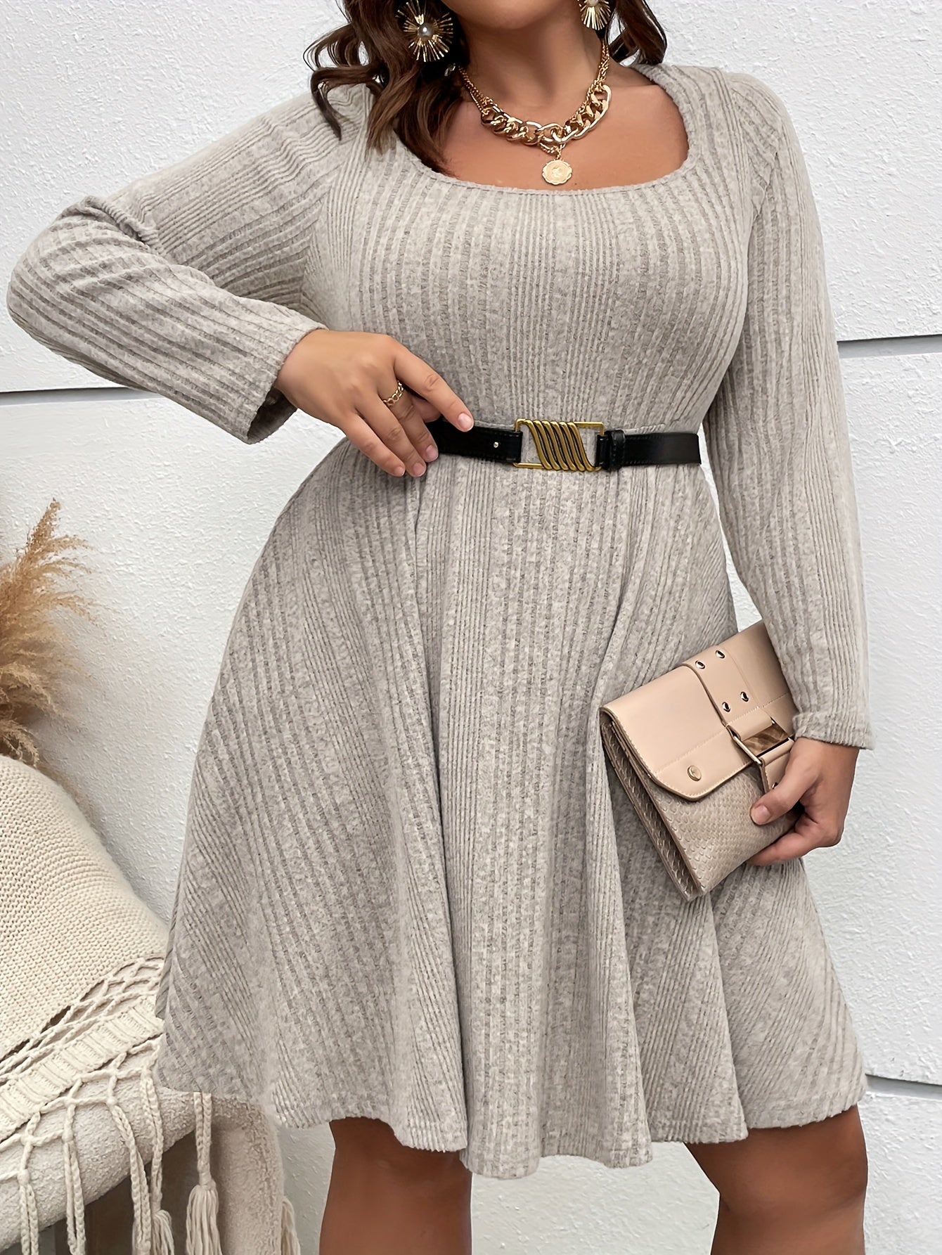 Antmvs Plus Size Casual Dress, Women's Plus Solid Ribbed Long Sleeve Round Neck Dress