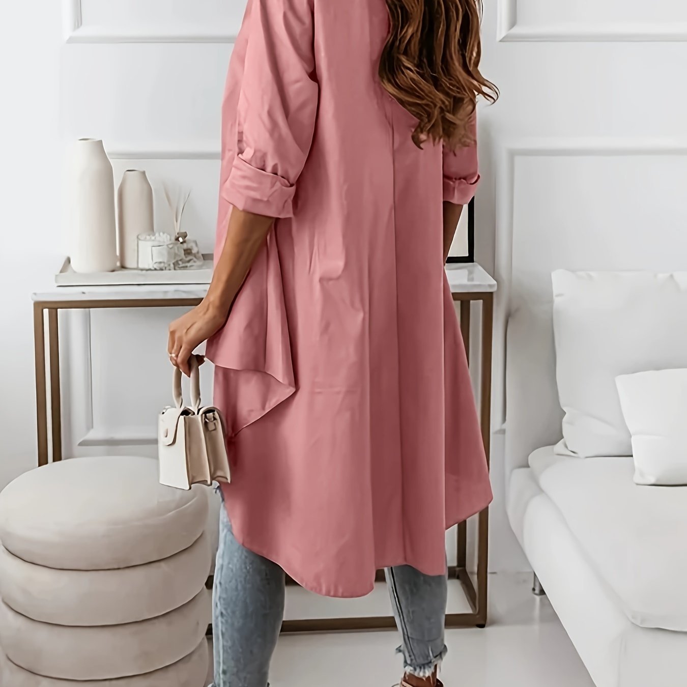 Plus Size Chic Blouse - Flattering Long Sleeves in Timeless Solid Colors, Stylish Button-Up with Fashionable Lapel Collar and Trendy High Low Hem - Designed for Women