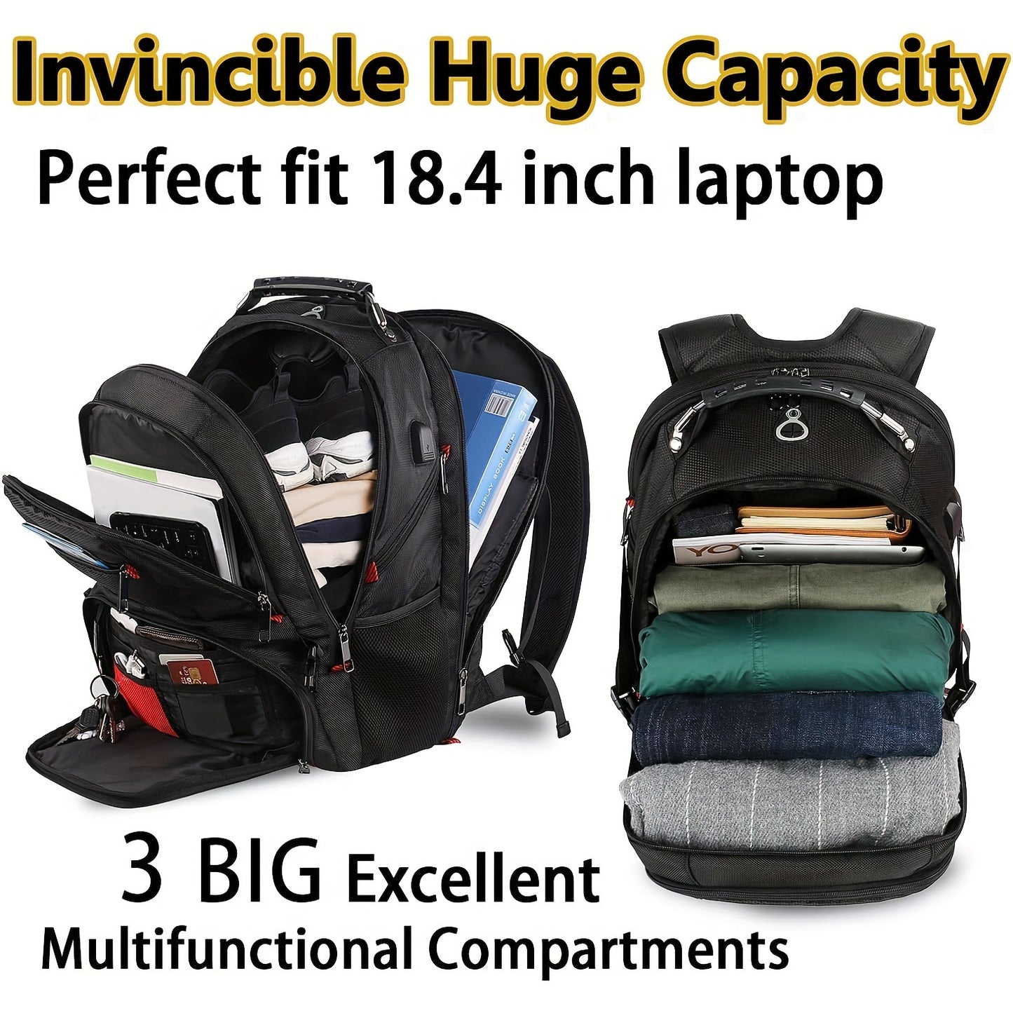 18-Inch Large Laptop Backpack - Spacious Interior, USB Charging Port, Durable Luggage Strap - Unisex Design for Men and Women