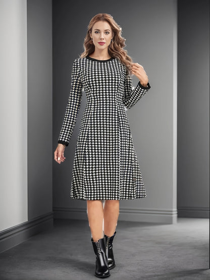 Antmvs Houndstooth Pattern Contrast Trim Dress, Elegant Long Sleeve Crew Neck Dress, Women's Clothing