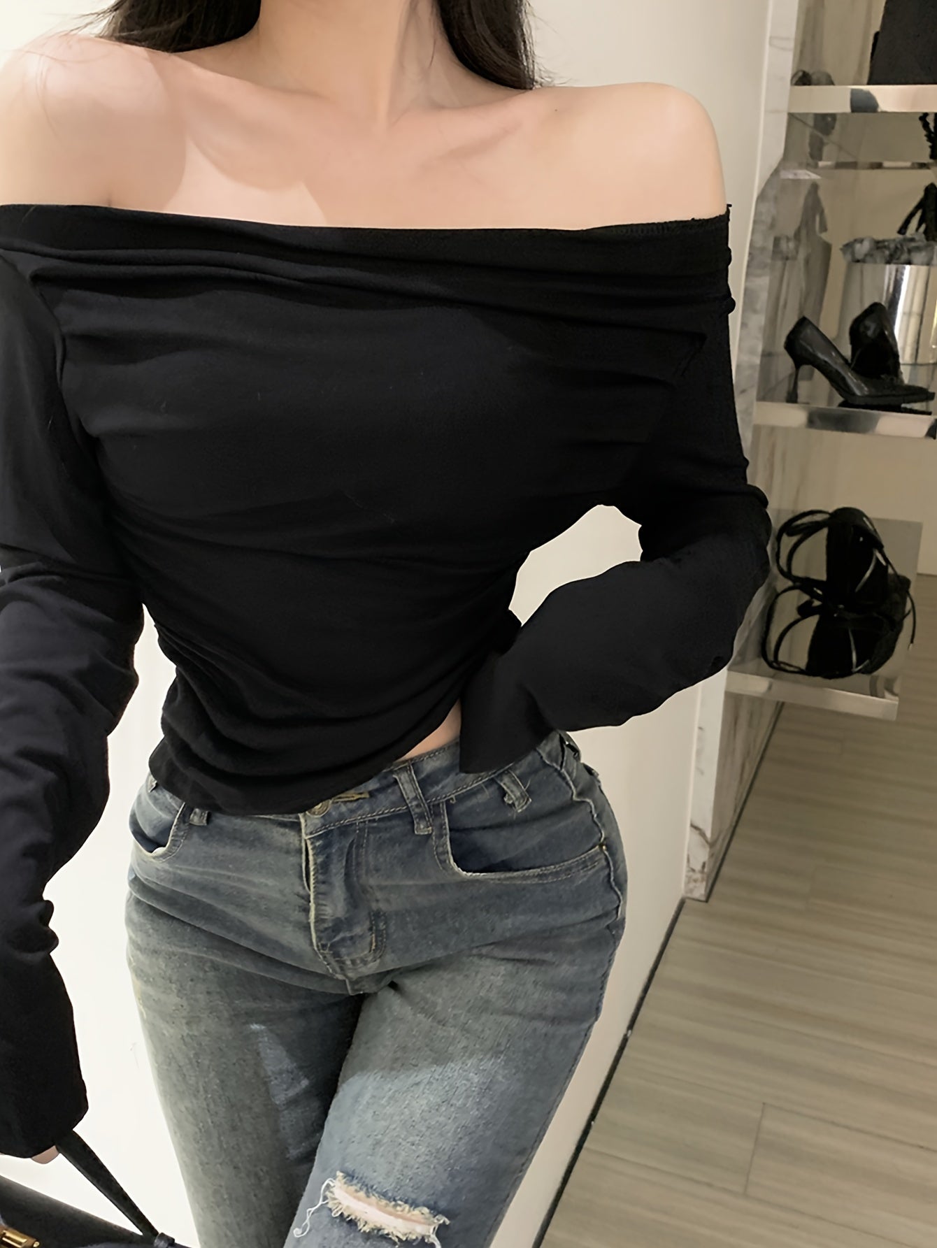 Antmvs Solid Off Shoulder T-Shirt, Casual Ruched Long Sleeve Crop Top, Women's Clothing