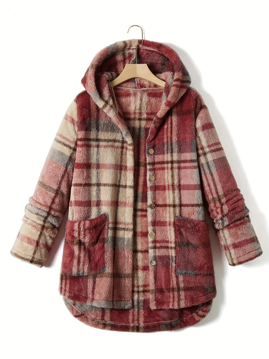 Antmvs Plus Size Casual Winter Coat, Women's Plus Plaid Pattern Fleece Liner Drop Shoulder Hooded Teddy Coat With Pockets