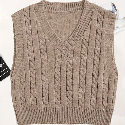 Antmvs Solid V Neck Cable Knit Vest, Elegant Sleeveless Sweater Vest, Women's Clothing