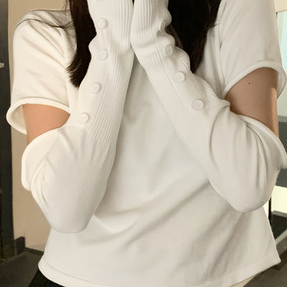 Antmvs Solid Fake Button Pullover Sweatshirt, Casual Removable Stitching Long Sleeve Turtle Neck Sweatshirt, Women's Clothing