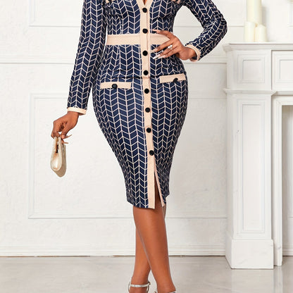 Antmvs Geo Print Bodycon Dress, Elegant Button Front Long Sleeve Dress, Women's Clothing