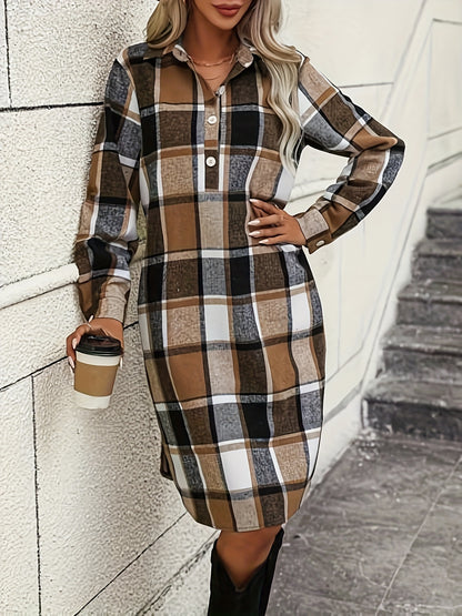 Antmvs Plaid Print Cuff Sleeve Button Dress, Casual Lapel Neck Dress For Spring & Fall, Women's Clothing