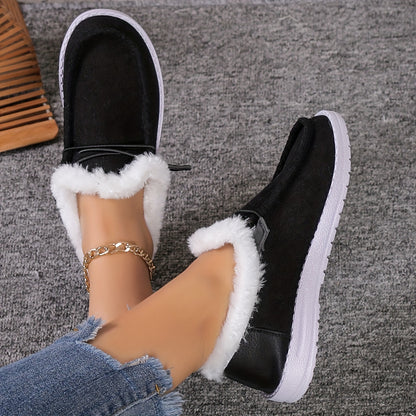 Women's Splicing Fluffy Loafers, Winter Warm Round Toe Slip On Flat Shoes, Cozy Low Top Snow Boots