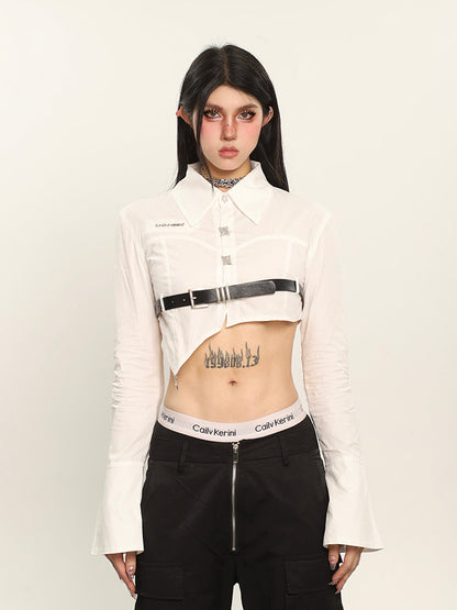 Antmvs Nora Solid Color White Irregular Asymmetrical Cut Out Black Belt Waist Cropped Shirt Top