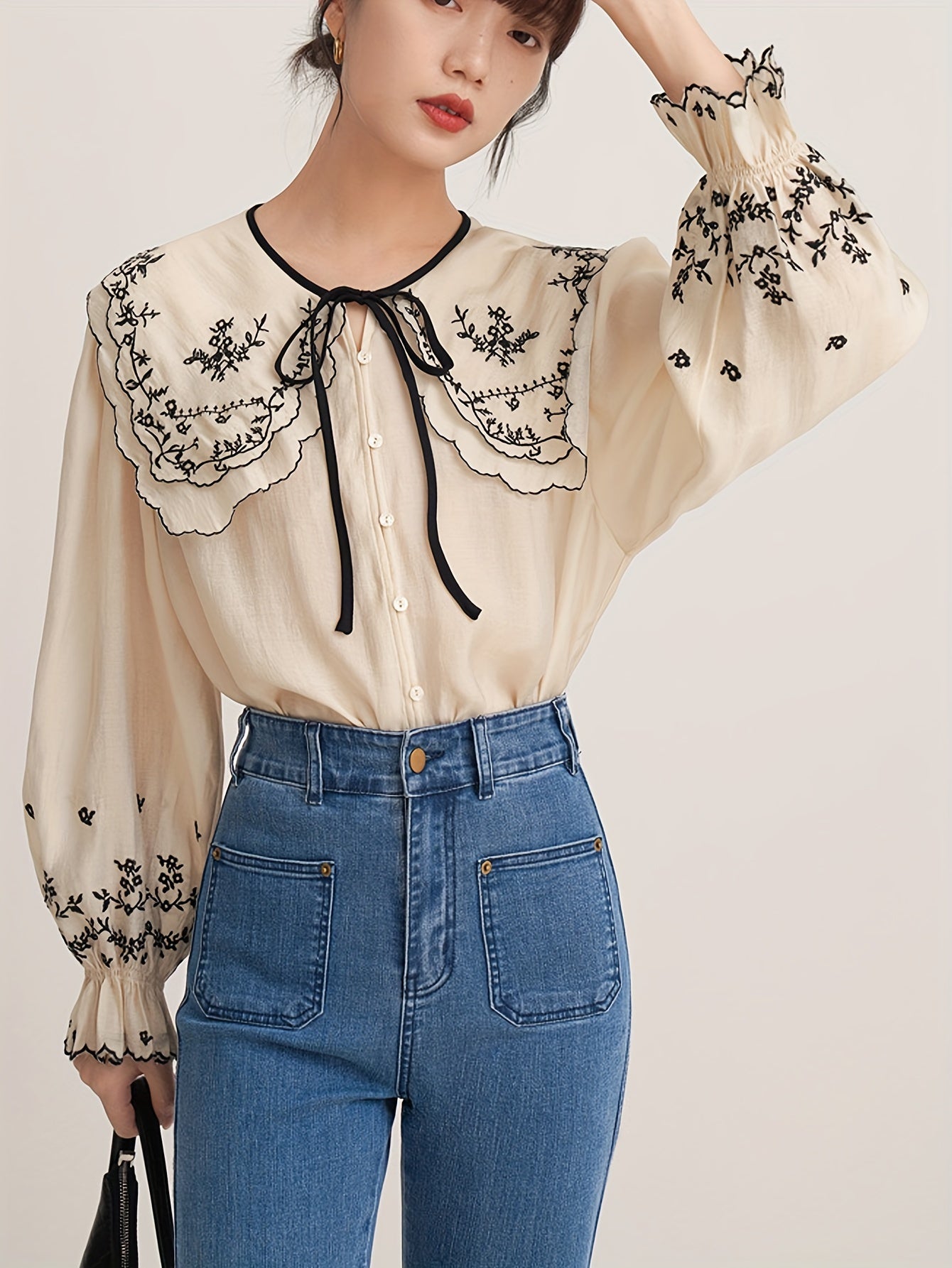 Antmvs Floral Embroidered Button Up Doll Collar Blouse, Long Sleeve Tie Neck Elegant Blouse, Women's Clothing