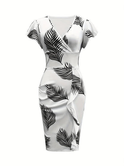 Antmvs Plant Print Ruffle Trim Dress, Casual Surplice Neck Bodycon Dress, Women's Clothing