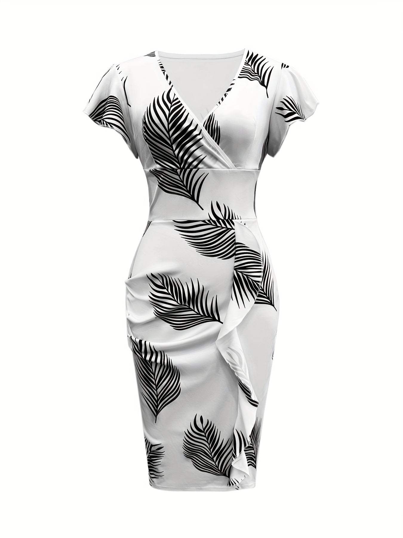 Antmvs Plant Print Ruffle Trim Dress, Casual Surplice Neck Bodycon Dress, Women's Clothing