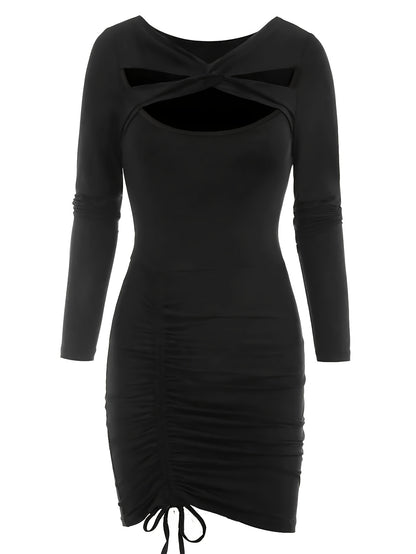 Antmvs Cut Out Drawstring Dress, Party Wear Long Sleeve Bodycon Solid Dress, Women's Clothing