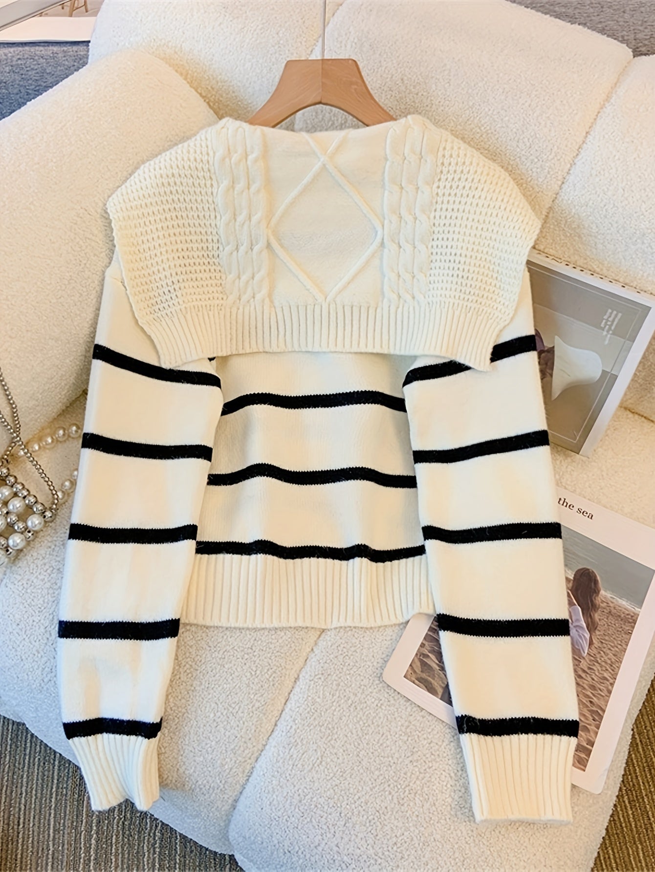 Antmvs Striped Knitted Pullover Sweater, Casual Long Sleeve Sweater For Fall & Winter, Women's Clothing