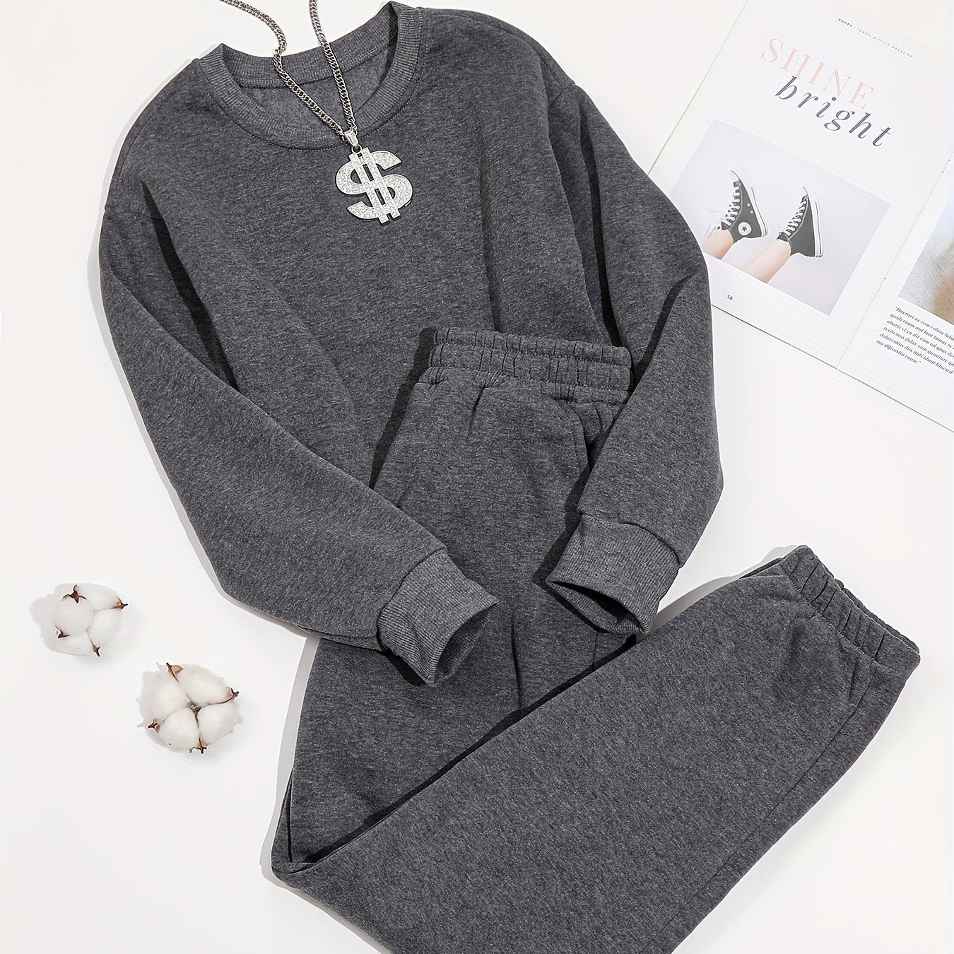 Antmvs 2pcs Long Sleeve Casual Sports Sets, Fleece Liner Crew Neck Pullover Sweatshirt & Casual Loose Sweatpants, Women's Activewear