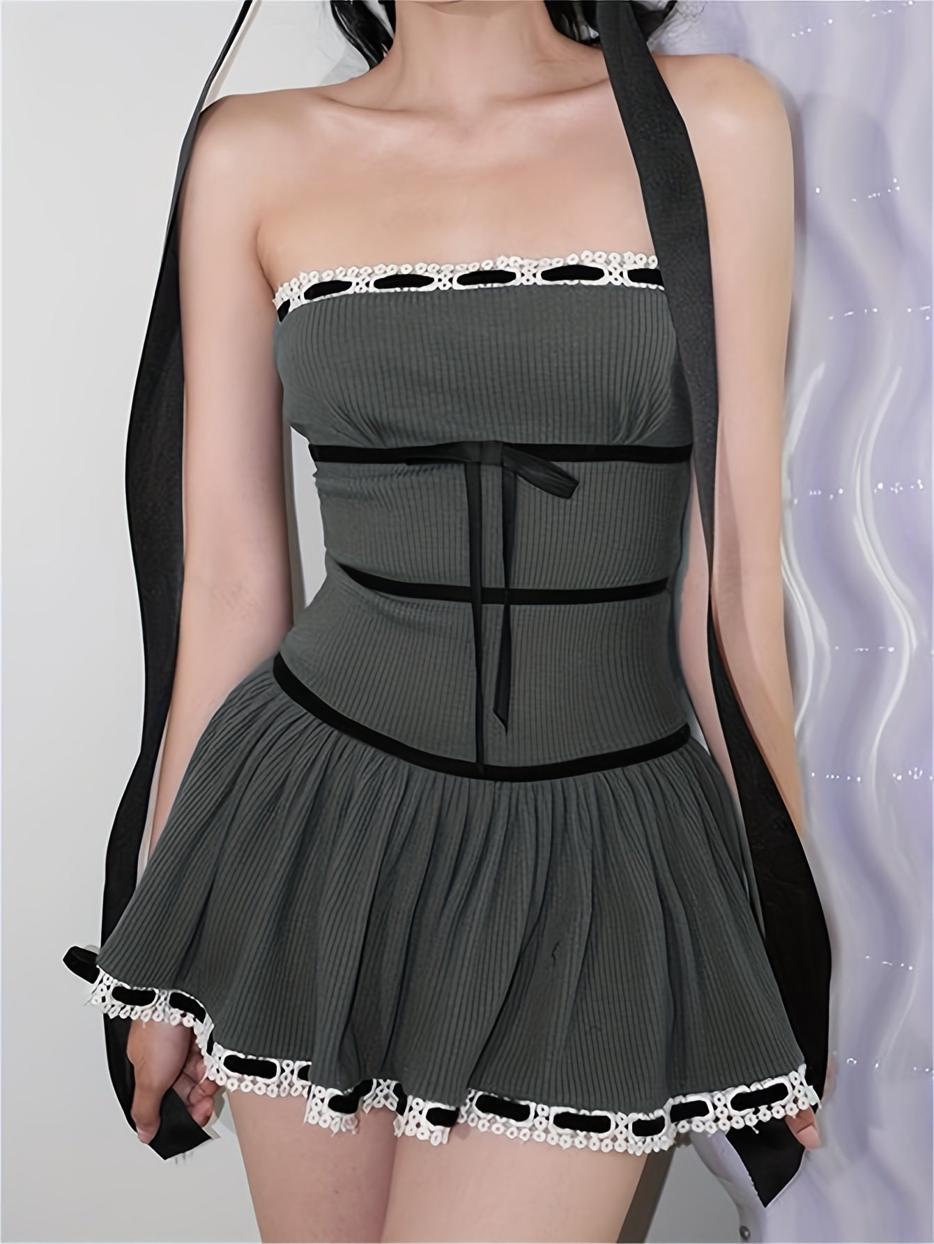 Antmvs Contrast Trim Knit Tube Dress, Y2K Fashion Tie Slim Fit Strapless Mini Dress For Fall & Winter, Women's Clothing
