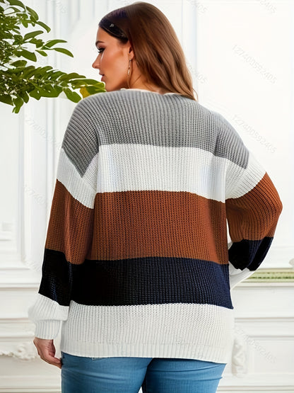 Antmvs Plus Size Casual Sweater, Women's Plus Colorblock V Neck Long Sleeve High Stretch Sweater