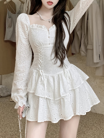 Antmvs Eyelet Embroidered Flare Sleeve Layer Ruffle Dress, Elegant Frill Trim Sweetheart Neck Waist Dress, Women's Clothing