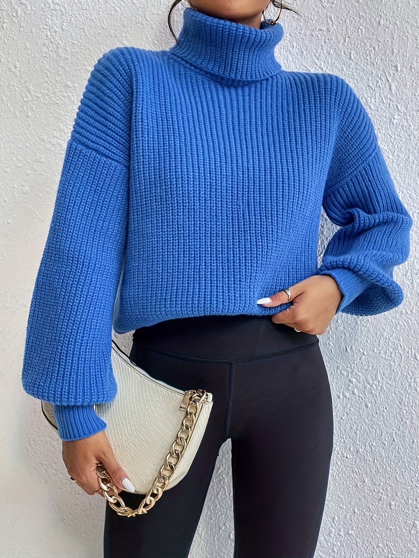 Antmvs Solid Turtle Neck Sweater, Casual Long Sleeve Drop Shoulder Sweater, Women's Clothing