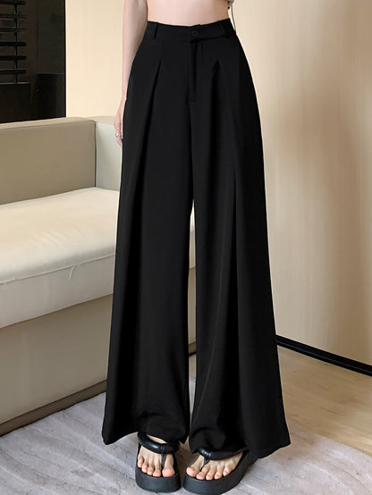 Antmvs Solid Button Front Wide Leg Pants, Versatile High Waist Pants For Spring & Fall, Women's Clothing