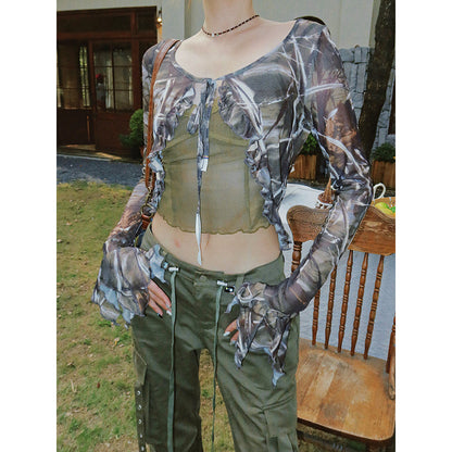 Antmvs Verra Spice Graphic Image Print Front Tie Long Sleeve Mesh Cardigan + Spaghetti Strap Green V-Neck Slim Cropped Top