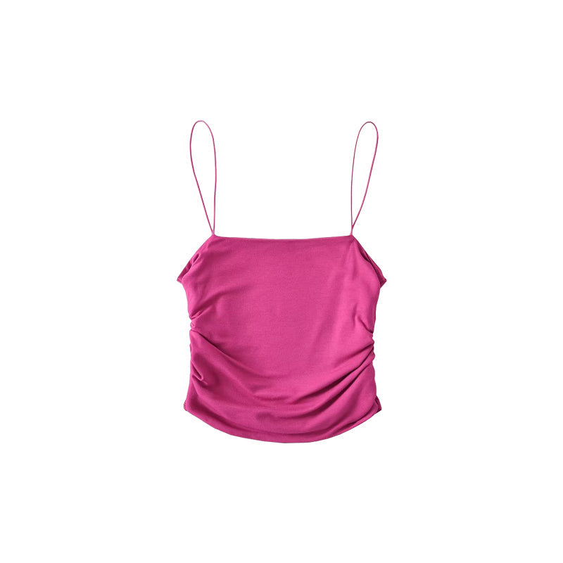 Antmvs Yoanna Solid Color Spaghetti Strap Slim Pleated Square Neck Bandeau Cropped Top