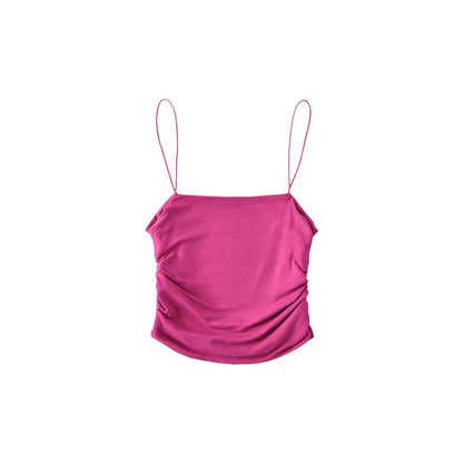 Antmvs Yoanna Solid Color Spaghetti Strap Slim Pleated Square Neck Bandeau Cropped Top