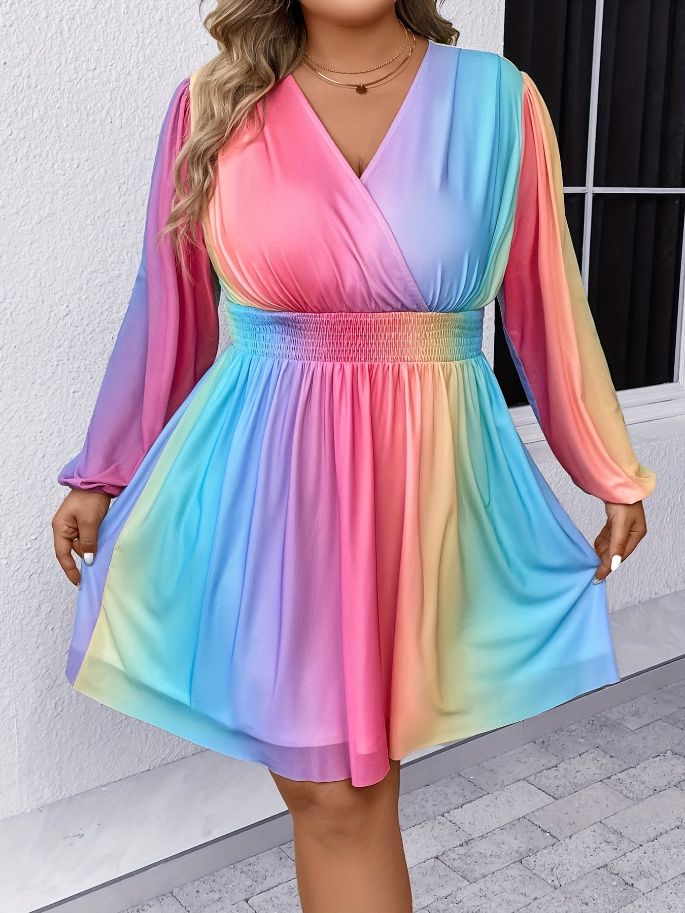 Antmvs Plus Size Casual Dress, Women's Plus Rainbow Color Contrast Mesh Long Sleeve Surplice Neck Shirred Waist Slight Stretch Layered Dress