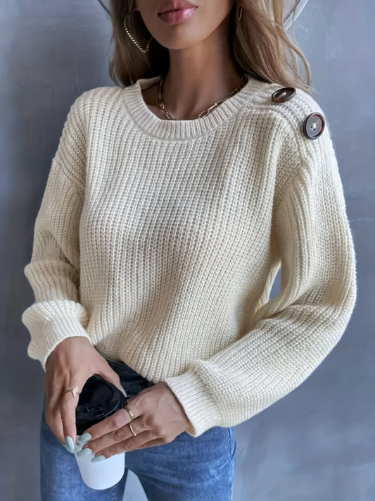 Antmvs Drop Shoulder Button Decor Sweater, Casual Long Sleeve Sweater For Fall & Winter, Women's Clothing