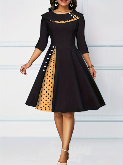 Antmvs A-line Retro Dress, 3/4 Sleeve Polka Dot Casual Dress, Women's Clothing