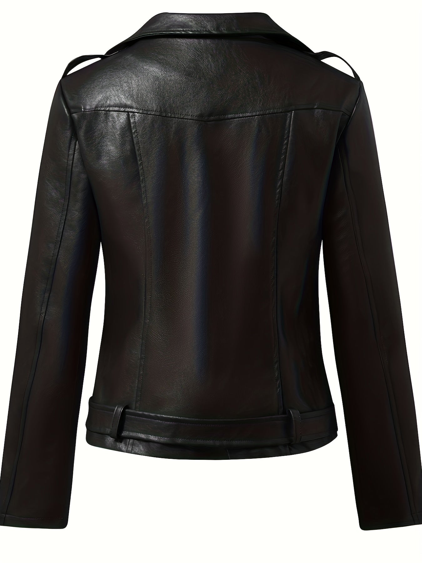 Antmvs Plus Size Street Style Jacket, Women's Plus Solid PU Leather Buckle Long Sleeve Zipper Lapel Collar Motorcycle Jacket