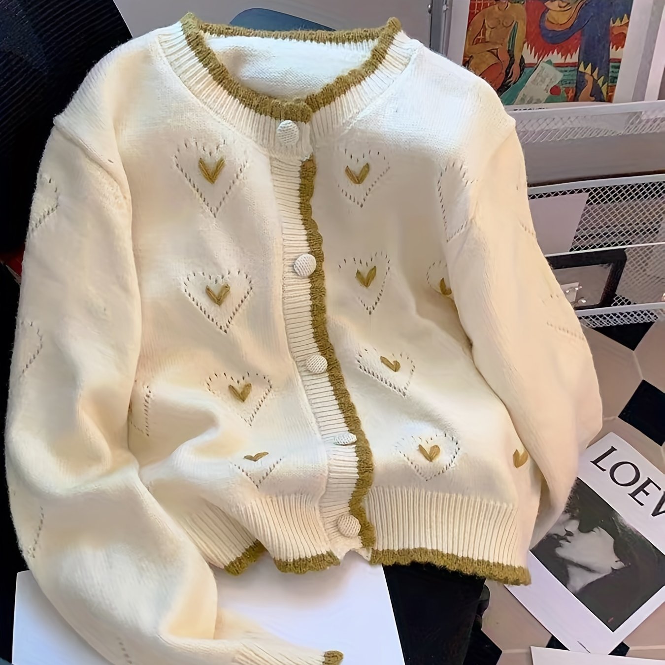 Antmvs Heart Pattern Pointelle Knit Cardigan, Vintage Button Down Long Sleeve Sweater, Women's Clothing