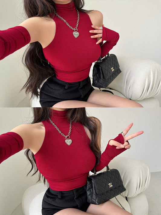 Antmvs Hyolin Solid Color Sleeveless Turtleneck Gloved Slim Ruched Top