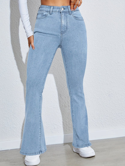 Antmvs High Waist High Strech Light Blue Bootcut Jeans, Zipper Button Closure Flare Leg Causal Denim Pants, Women's Denim Jeans & Clothing