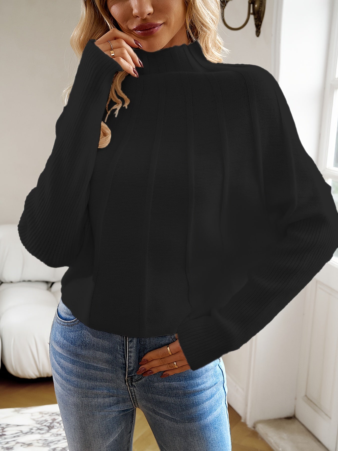 Antmvs Mock Neck Batwing Sleeve Sweater, Elegant Solid Loose Sweater For Fall & Winter, Women's Clothing