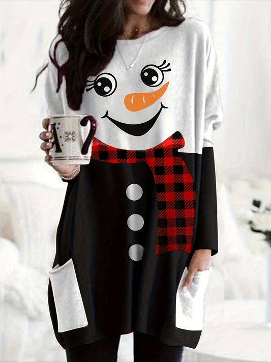 Antmvs Plus Size Christmas Cute Dress, Women's Plus Snowman Print Long Sleeve Round Neck Tee Dress With Pockets