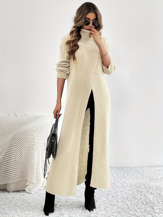 Antmvs Solid High Neck Split Dress, Elegant Long Sleeve Maxi Dress, Women's Clothing