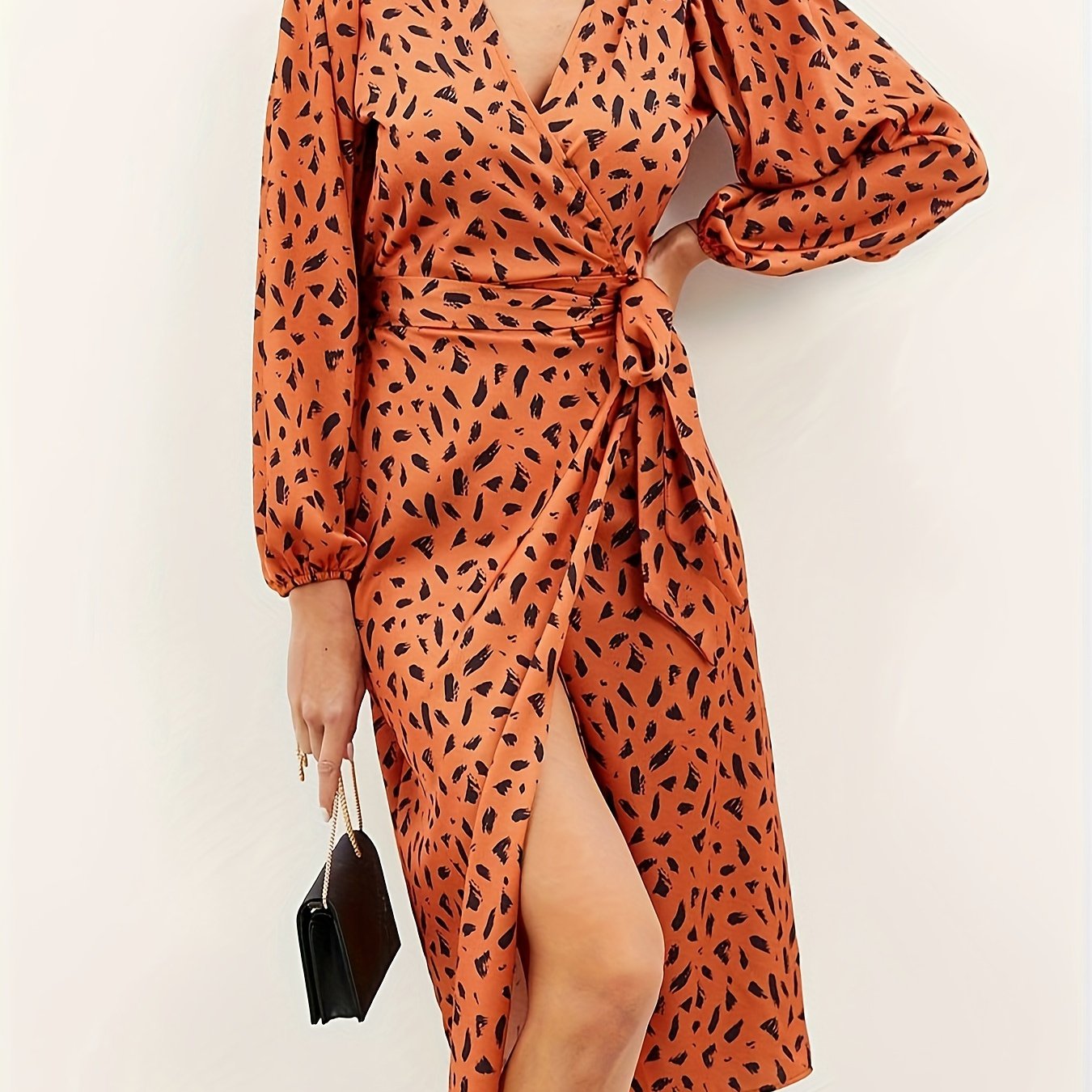 Antmvs Allover Print Wrap Dress, Casual Long Sleeve V Neck Midi Dress, Women's Clothing