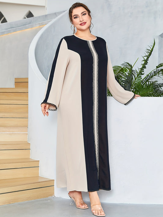 Antmvs Plus Size Casual Dress, Women's Plus Colorblock Long Sleeve Round Neck Maxi Dress