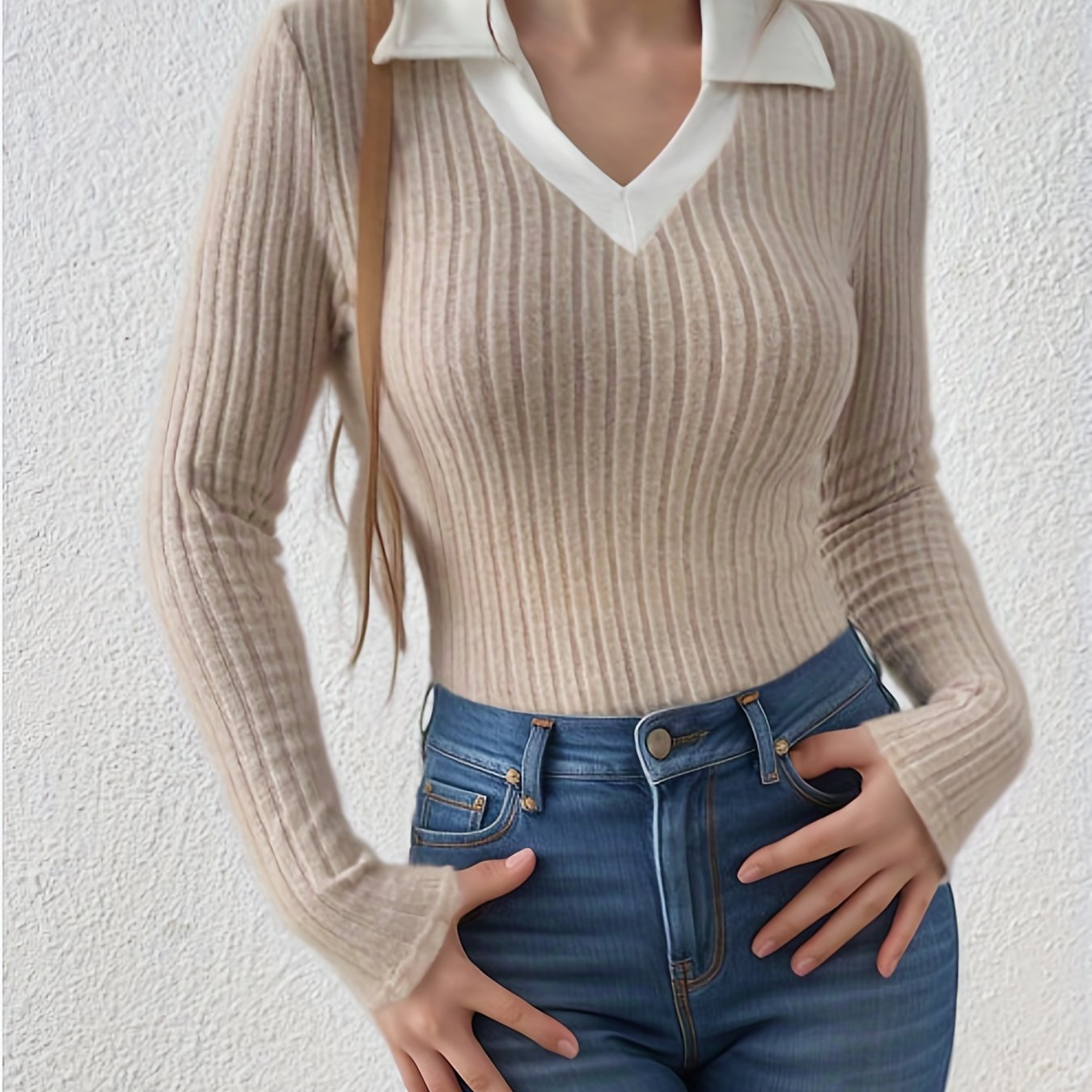 Antmvs Slim Rib Knit Sweater, Casual V Neck Long Sleeve Sweater, Women's Clothing