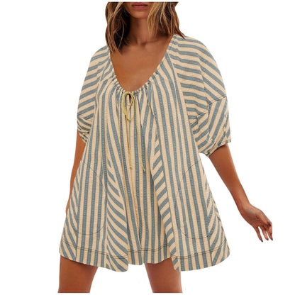 Antmvs -  Womens Striped Romper Casual Loose Puff Sleeve Wide Leg Jumpsuit Overall with Pockets