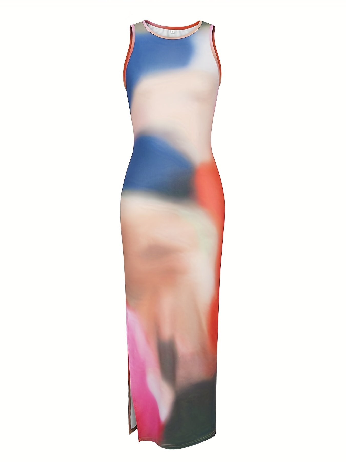 Antmvs Tie Dye Bodycon Side Split Dress, Sexy Crew Neck Sleeveless Tank Dress, Women's Clothing