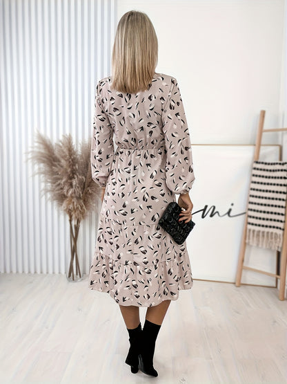 Antmvs Plus Size Casual Dress, Women's Plus Floral Print Long Sleeve V Neck Tie Front Nipped Waist Dress