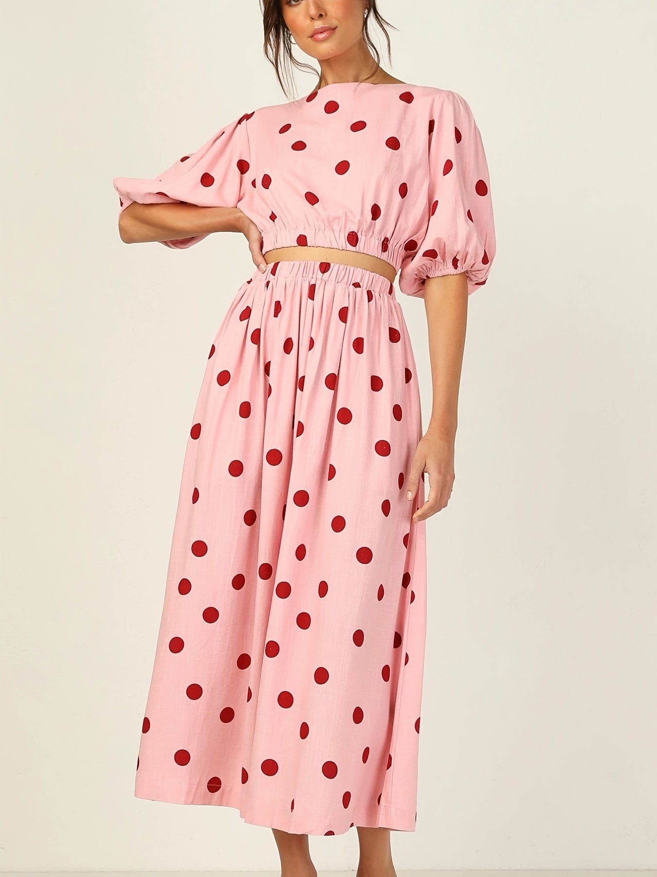 Antmvs Valentine's Day Sexy Pink Polka Dot Dresses Two-piece Set, Crew Neck Short Sleeve Tops & Long Skirt Set, Women's Clothing