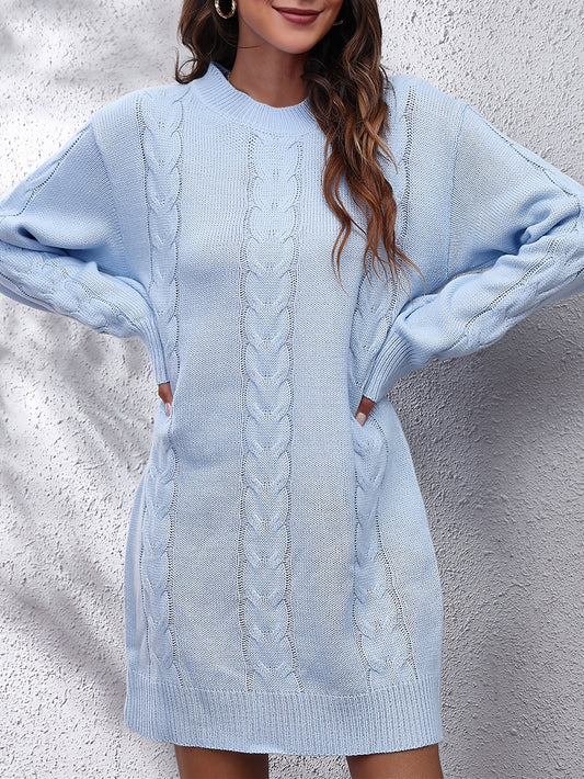 Antmvs Cable Knit Sweater Dress, Casual Solid Long Sleeve Dress, Women's Clothing