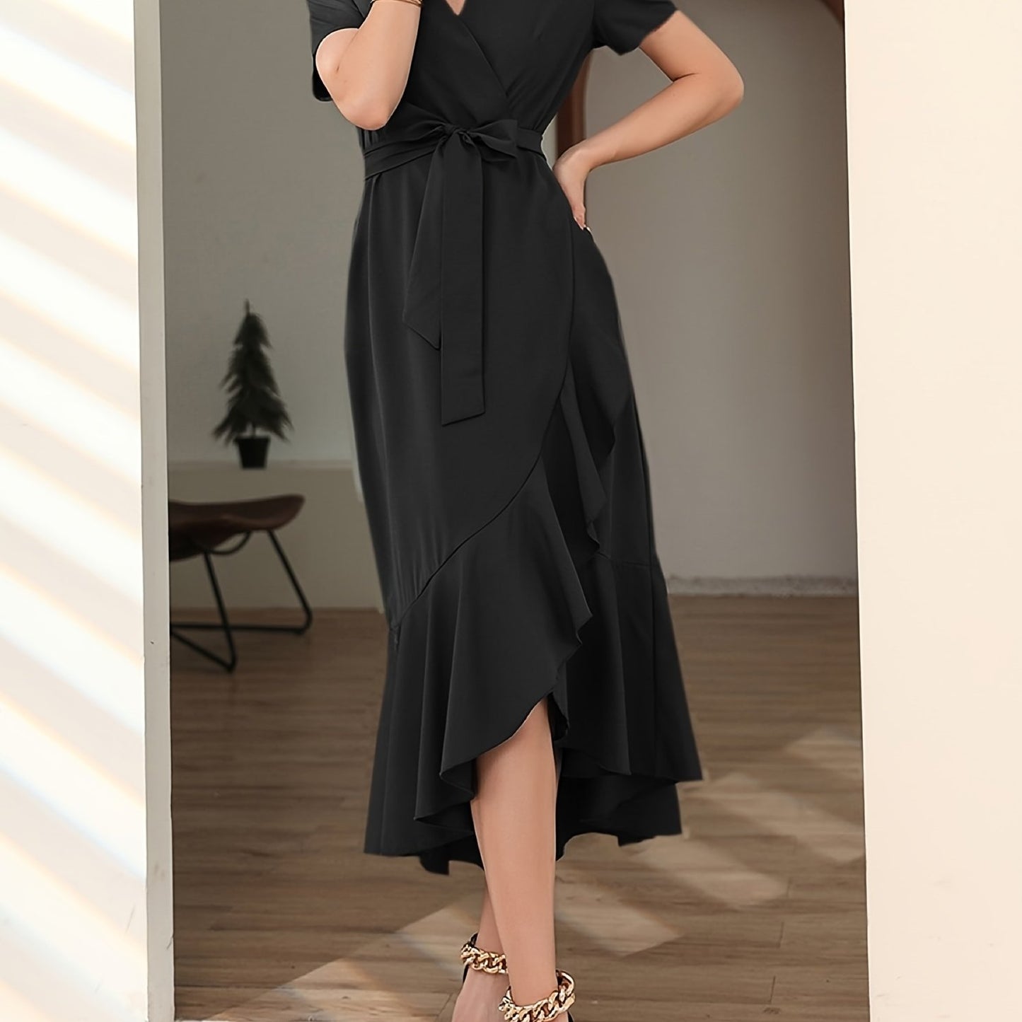 Antmvs Solid Ruffle Trim Dress, Elegant Surplice Neck Short Sleeve Maxi Dress, Women's Clothing