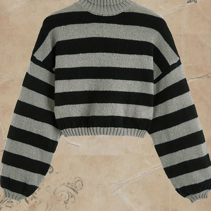 Antmvs Plus Size Y2K Sweater, Women's Plus Striped Long Sleeve Turtle Neck Medium Stretch Pullover Jumper