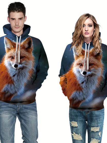 Plus Size Men & Women's 3D Fox Graphic Print Hooded Sweatshirt For Spring Fall Winter, Men's Clothing