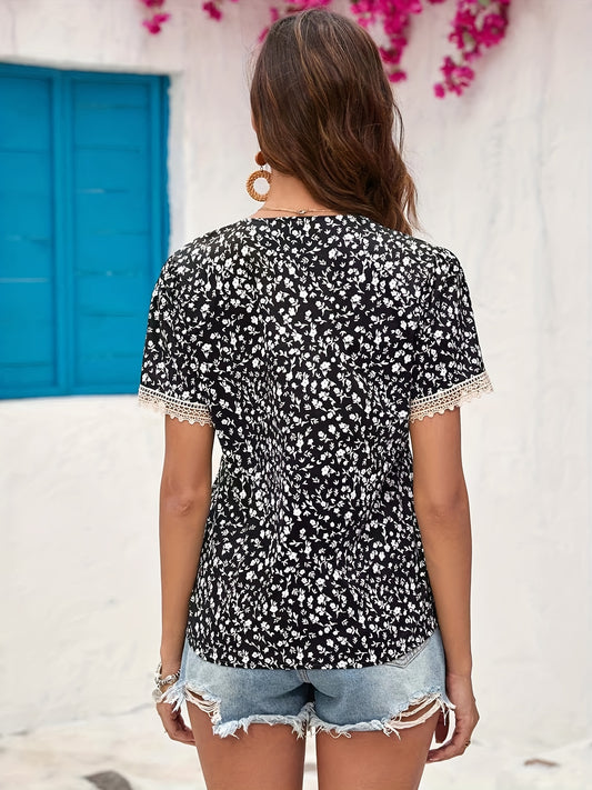 Antmvs  Floral Print V Neck Blouse, Casual Short Sleeve Top For Summer & Spring, Women's Clothing