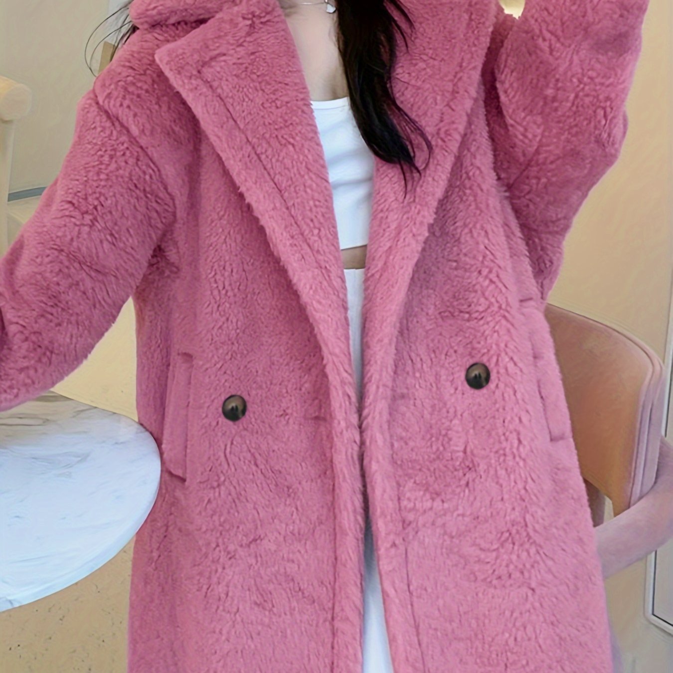 Antmvs Notched Collar Button Front Plush Coat, Casual Thermal Long Sleeve Teddy Bear Coat For Fall & Winter, Women's Clothing